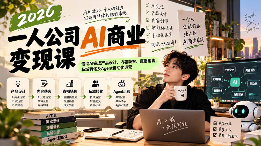 (20901期)2026一人公司AI商业变现课:借助AI完成产品设计、内容获客、直播销售、私域转化及Agent自动化运营