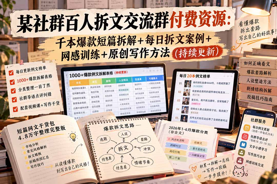 （20635期）某社群百人拆文交流群付费资源：千本爆款短篇拆解+每日拆文案例+网感训练+原创写作方法 (持续更新)网创吧-网创项目资源站-副业项目-创业项目-搞钱项目网创吧