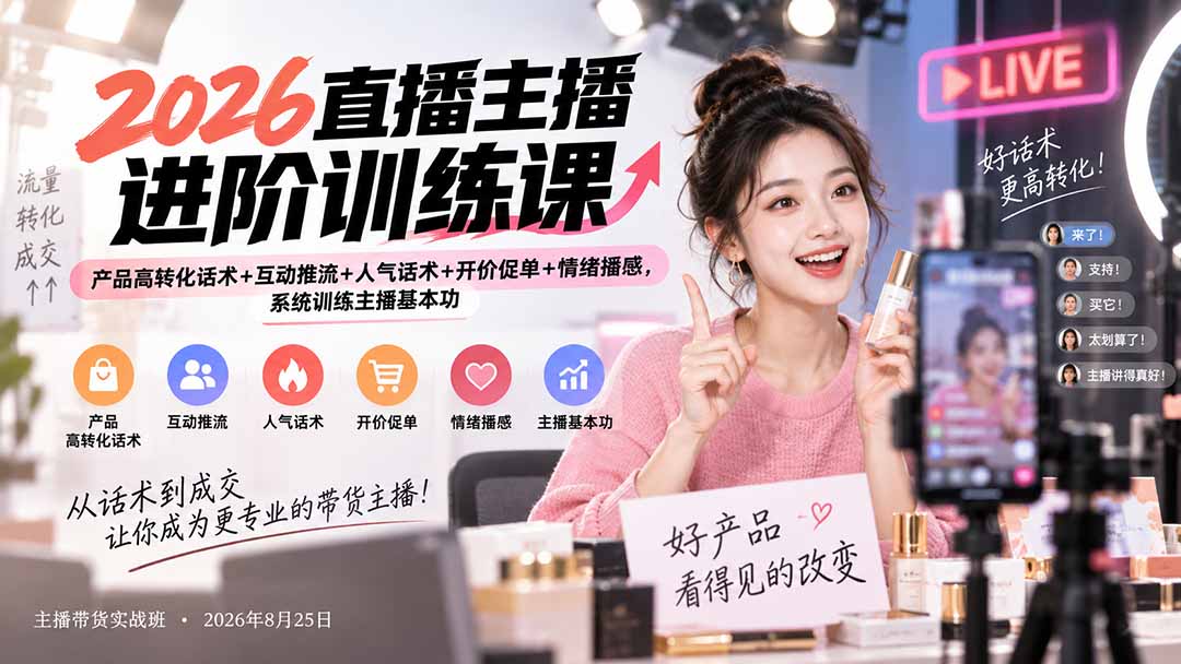 （20408期）2026直播主播进阶训练课：产品高转化话术+互动推流+人气话术+开价促单+情绪播感，系统训练主播基本功网创吧-网创项目资源站-副业项目-创业项目-搞钱项目网创吧