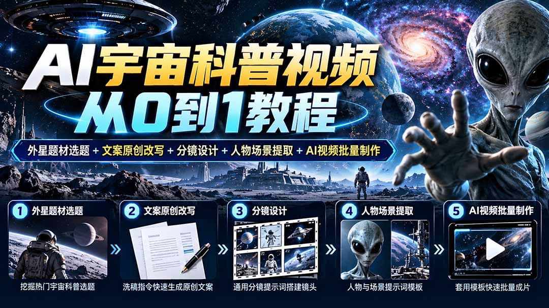 （20774期）AI宇宙科普视频从0到1教程｜外星题材选题+文案原创改写+分镜设计+人物场景提取+AI视频批量制作网创库-网创项目资源站-副业项目-创业项目-搞钱项目网创吧