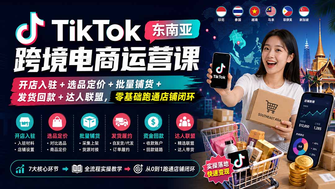 （20059期）TikTok东南亚跨境电商运营课：开店入驻+选品定价+批量铺货+发货回款+达人联盟，零基础跑通店铺闭环网创吧-网创项目资源站-副业项目-创业项目-搞钱项目网创吧
