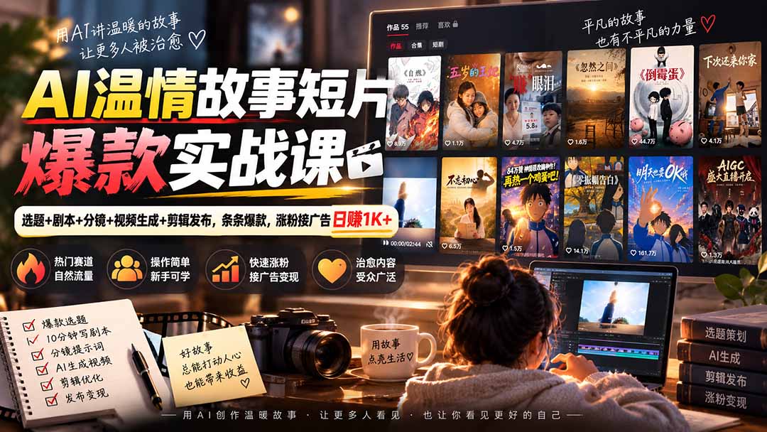 （20477期）AI温情故事短片爆款实战课-更新｜选题+剧本+分镜+视频生成+剪辑发布，条条爆款，涨粉接广告日赚1K+网创吧-网创项目资源站-副业项目-创业项目-搞钱项目网创吧