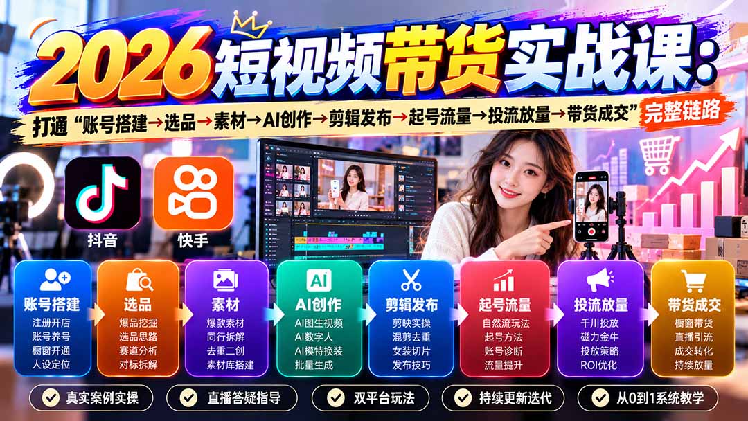 (20731期)2026短视频带货实战课9月:打通“账号搭建→选品→素材→AI创作→剪辑发布→起号流量→投流放量→带货成交”完整链路网创库-网创项目资源站-副业项目-创业项目-搞钱项目网创吧