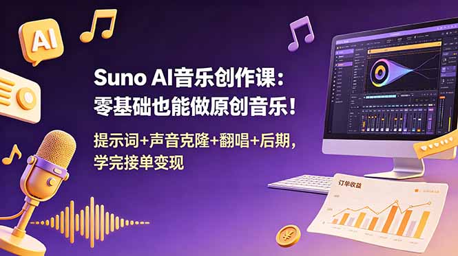(18945期) Suno AI音乐创作课:零基础也能做原创音乐!提示词+声音克隆+翻唱+后期,学完接单变现网创吧-网创项目资源站-副业项目-创业项目-搞钱项目网创吧