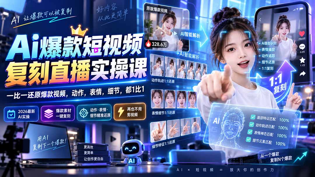 （20304期）最新Ai爆款短视频复刻直播实操课，一比一还原爆款视频，动作，表情，细节，都1比1网创吧-网创项目资源站-副业项目-创业项目-搞钱项目网创吧