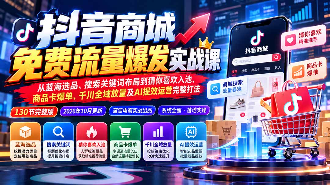 （21020期）抖音商城免费流量爆发实战：从蓝海选品、搜索关键词布局到猜你喜欢入池、商品卡爆单、千川全域放量及AI提效完整打法-网创项目资源站-副业项目_创业项目_搞钱项目_网创项目资源平台