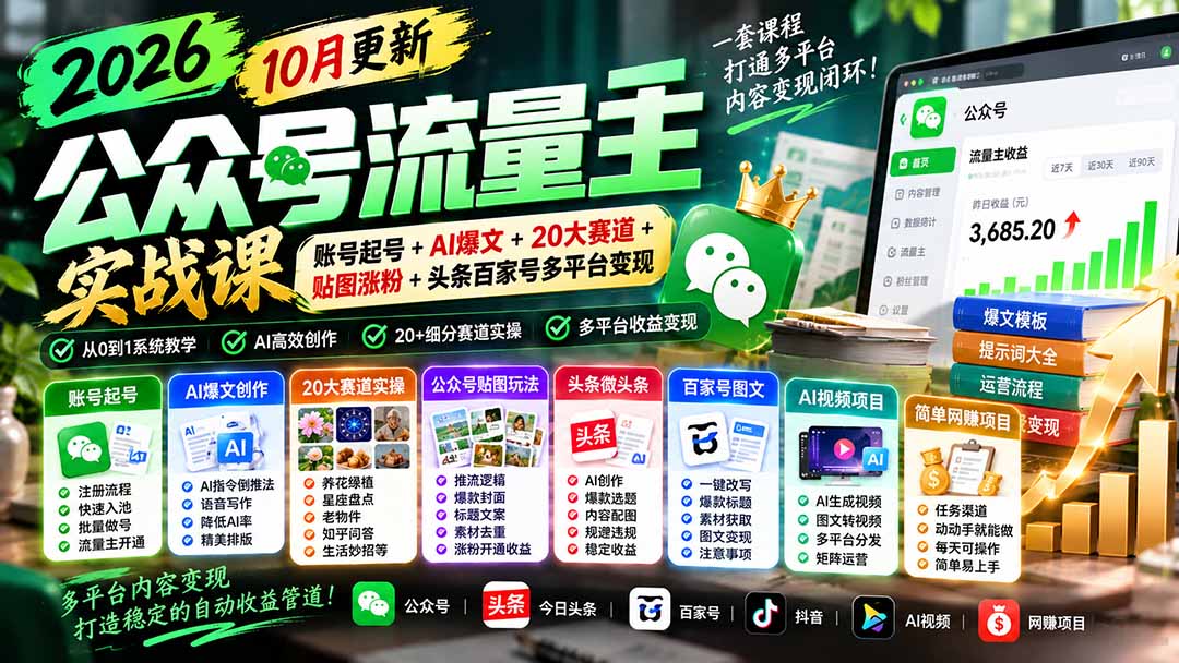 （20878期）2026公众号流量主实战课-10月更新：账号起号+AI爆文+20大赛道+贴图涨粉+头条百家号多平台变现-网创项目资源站-副业项目_创业项目_搞钱项目_网创项目资源平台