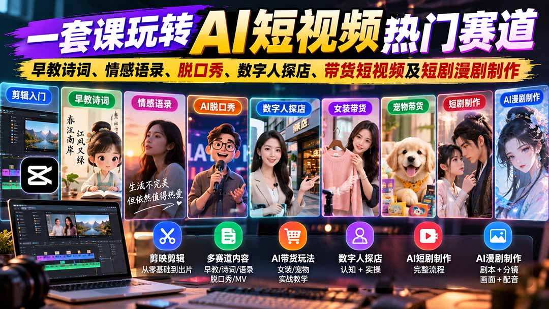 （20965期）一套课玩转AI短视频热门赛道：早教诗词、情感语录、脱口秀、数字人探店、带货短视频及短剧漫剧制作 复制标题-网创项目资源站-副业项目_创业项目_搞钱项目_网创项目资源平台