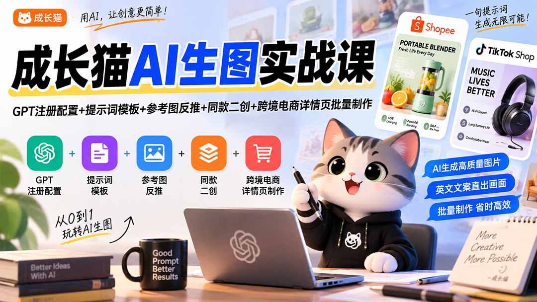 （20482期）成长猫AI生图实战课｜GPT注册配置+提示词模板+参考图反推+同款二创+跨境电商详情页批量制作网创吧-网创项目资源站-副业项目-创业项目-搞钱项目网创吧