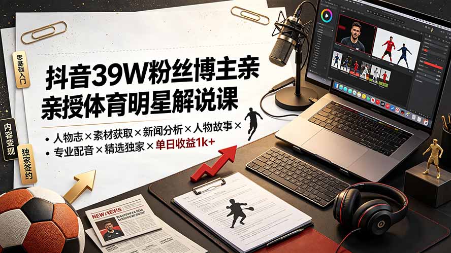 (19476期)抖音39W粉丝博主亲授体育明星解说课:人物志×素材获取×新闻分析×人物故事×专业配音×精选独家×单日收益1k+