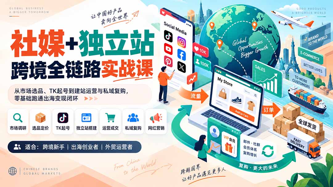 （20361期）社媒+独立站跨境全链路实战课：从市场选品、TK起号到建站运营与私域复购，零基础跑通出海变现闭环网创吧-网创项目资源站-副业项目-创业项目-搞钱项目网创吧