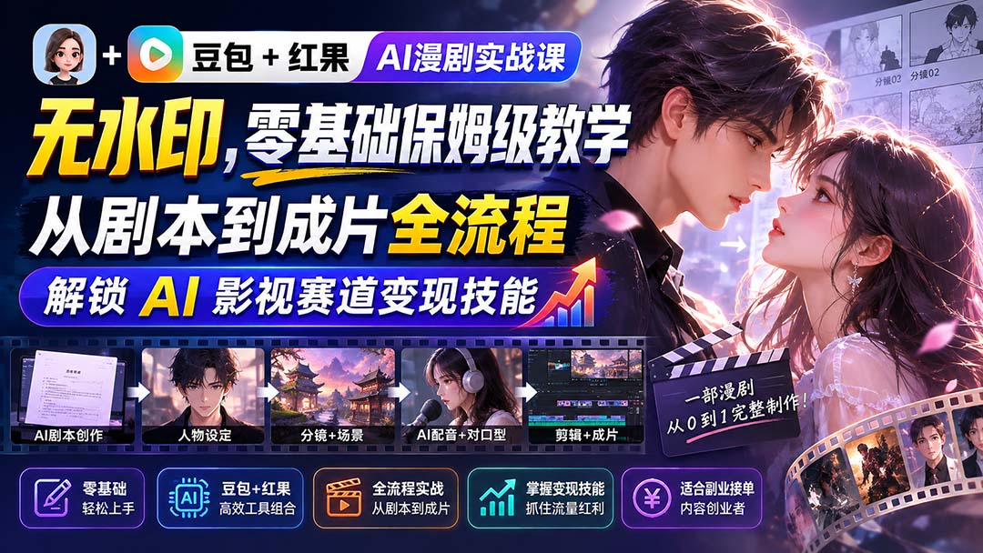 (20180期)豆包+红果AI漫剧实战课-无水印,零基础保姆级教学,从剧本到成片全流程,解锁 AI 影视赛道变现技能网创吧-网创项目资源站-副业项目-创业项目-搞钱项目网创吧