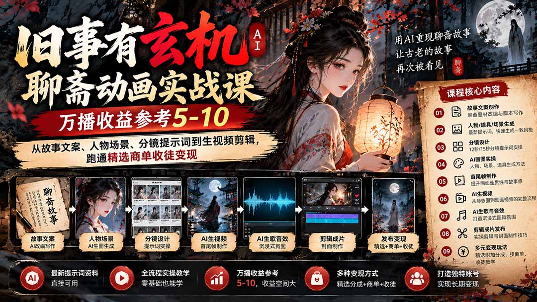 (20789期)旧事有玄机AI聊斋动画实战9月新课:万播收益参考5-10,从故事文案、人物场景到分镜生视频,跑通精选商单收徒网创库-网创项目资源站-副业项目-创业项目-搞钱项目网创吧
