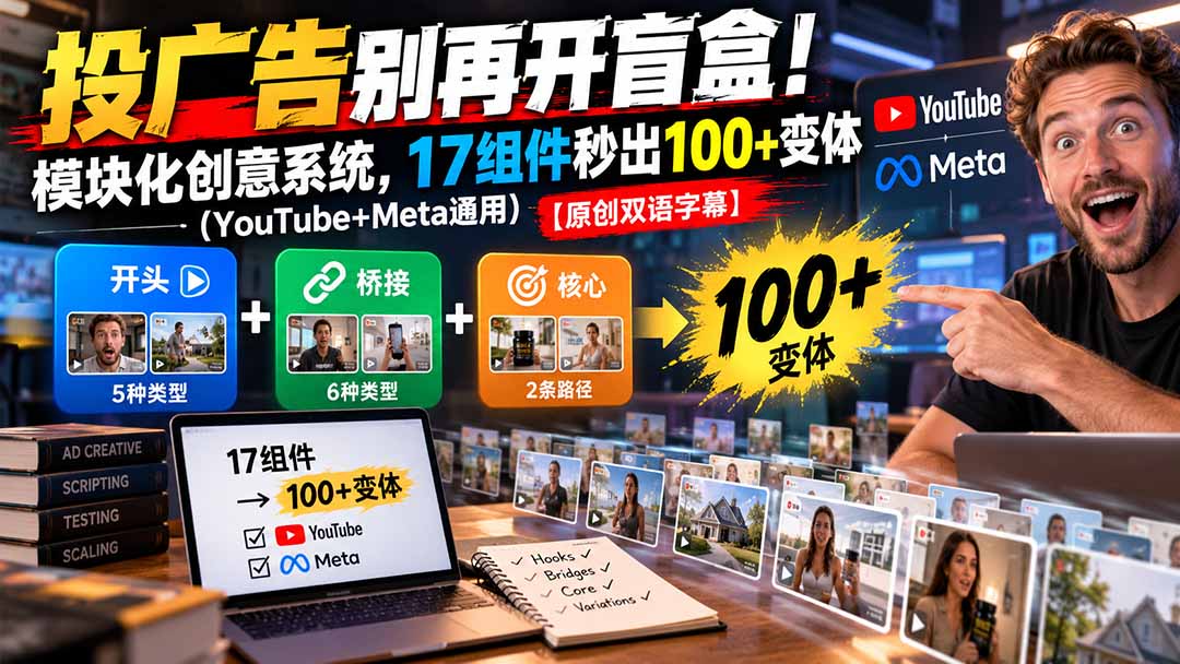 (20840期)投广告别再开盲盒!模块化创意系统,17组件秒出100+变体(YouTube+Meta通用)【原创双语字幕】网创库-网创项目资源站-副业项目-创业项目-搞钱项目网创吧