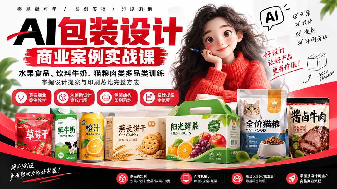 (20388期)AI包装设计商业案例实战课:水果食品、饮料牛奶、猫粮肉类多品类训练,掌握设计提案与印刷落地完整方法