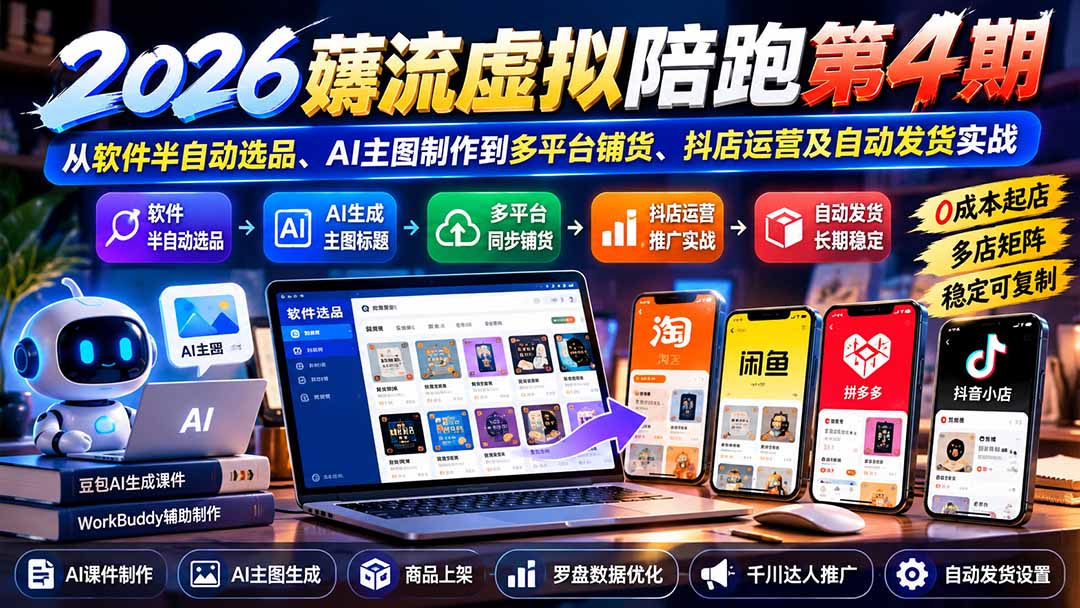 (20986期)2026薅流虚拟陪跑第4期:从软件半自动选品、AI主图制作到多平台铺货、抖店运营及自动发货实战-网创项目资源站-副业项目_创业项目_搞钱项目_网创项目资源平台