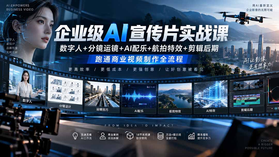 （20548期）企业级AI宣传片实战课｜数字人+分镜运镜+AI配乐+航拍特效+剪辑后期，跑通商业视频制作全流程网创吧-网创项目资源站-副业项目-创业项目-搞钱项目网创吧