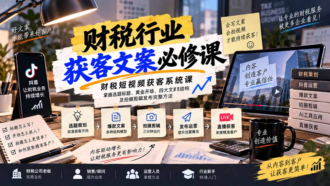 （20591期）财税短视频获客系统课：掌握选题标题、黄金开场、四大文案结构及拍摄剪辑发布完整方法网创吧-网创项目资源站-副业项目-创业项目-搞钱项目网创吧