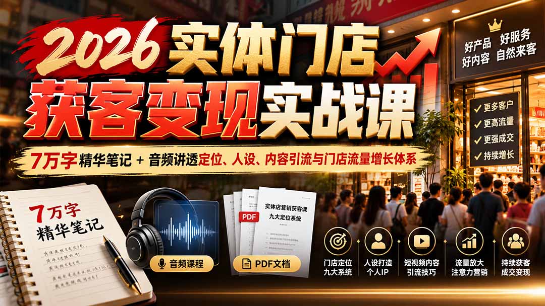 （20832期）2026实体门店获客变现实战课：7万字精华笔记+音频讲透定位、人设、内容引流与门店流量增长体系网创库-网创项目资源站-副业项目-创业项目-搞钱项目网创吧