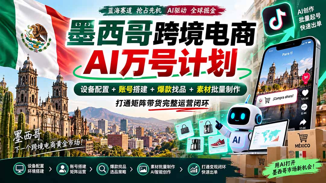 （20500期）墨西哥AI跨境电商万号计划｜设备配置+账号搭建+爆款找品+素材批量制作，打通矩阵带货完整运营闭环网创吧-网创项目资源站-副业项目-创业项目-搞钱项目网创吧