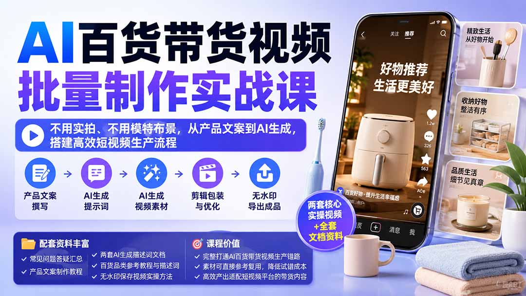 (20179期)AI百货带货视频批量制作实战课:不用实拍、不用模特布景,从产品文案到AI生成,搭建高效短视频生产流程网创吧-网创项目资源站-副业项目-创业项目-搞钱项目网创吧