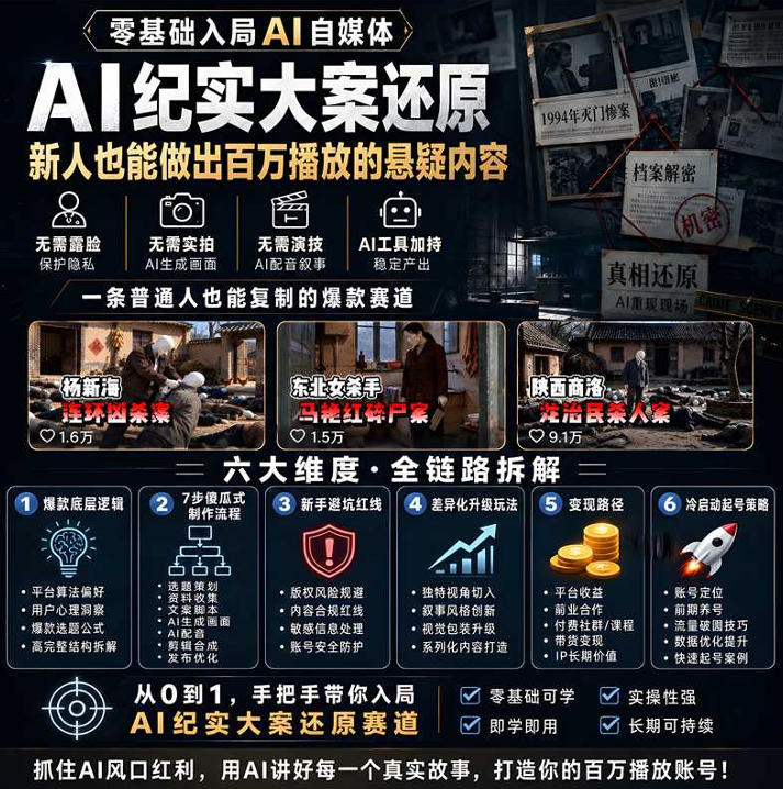 (20865期)抖音8W粉博主AI纪实大案还原教学:一条普通人也能复制的爆款赛道,新人也能做出百万播放的悬疑内容-网创项目资源站-副业项目_创业项目_搞钱项目_网创项目资源平台