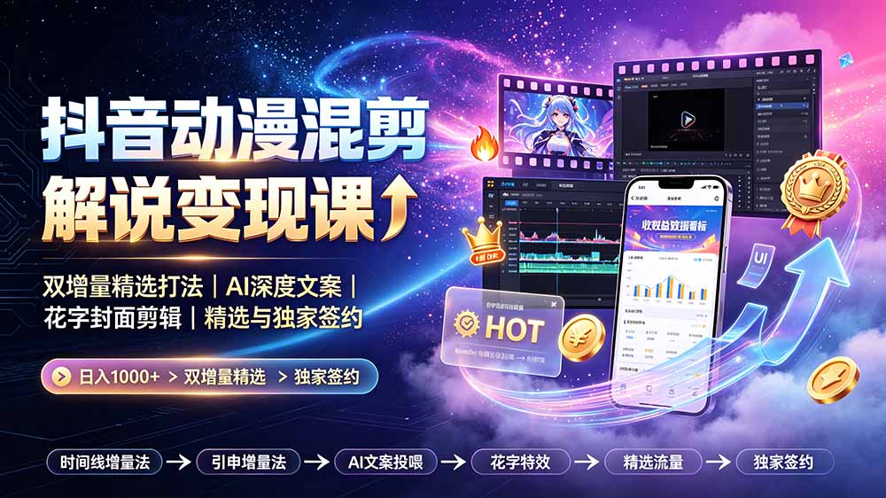 （19311期）抖音动漫混剪解说变现课：双增量精选打法｜AI深度文案｜花字封面剪辑｜ 精选与独家签约日入1000+网创吧-网创项目资源站-副业项目-创业项目-搞钱项目网创吧