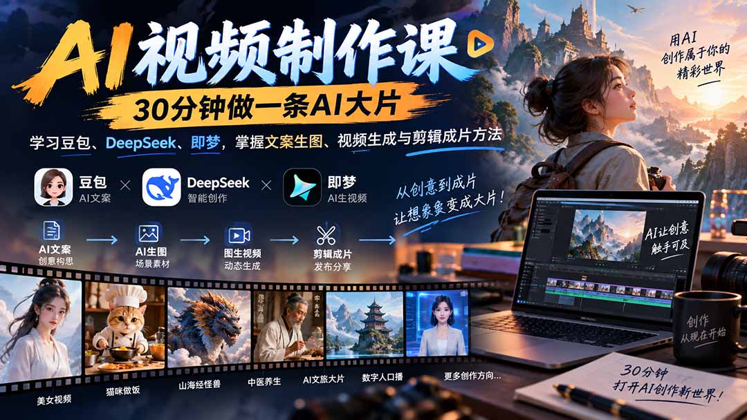 (20380期)AI视频制作课-30分钟做一条AI大片:学习豆包、DeepSeek、即梦,掌握文案生图、视频生成与剪辑成片方法网创吧-网创项目资源站-副业项目-创业项目-搞钱项目网创吧