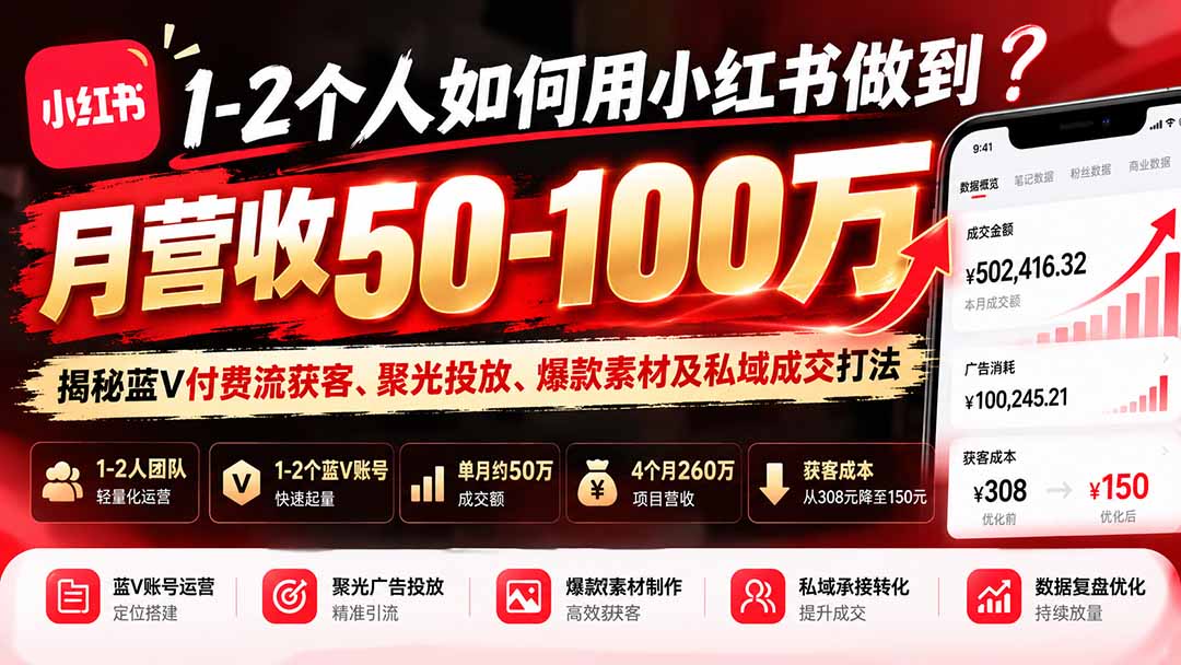 (20939期)1-2个人如何用小红书做到月营收50-100万?揭秘蓝V付费流获客、聚光投放、爆款素材及私域成交打法-网创项目资源站-副业项目_创业项目_搞钱项目_网创项目资源平台