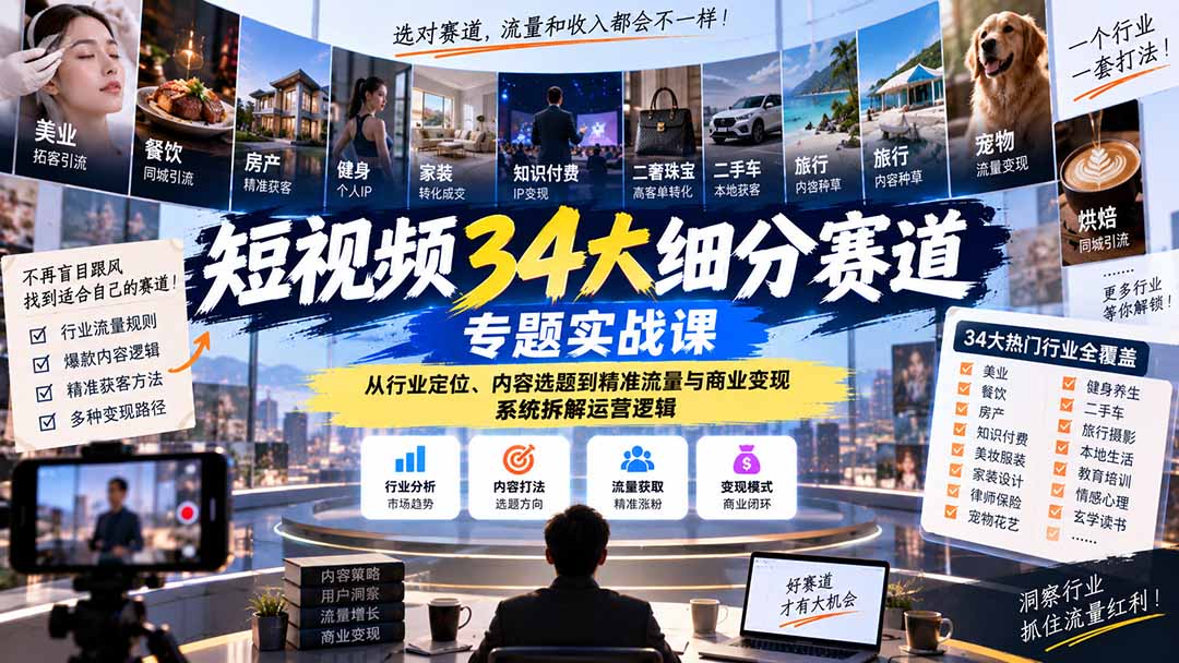 (20600期)短视频34大细分赛道专题实战课:从行业定位、内容选题到精准流量与商业变现,系统拆解运营逻辑网创吧-网创项目资源站-副业项目-创业项目-搞钱项目网创吧