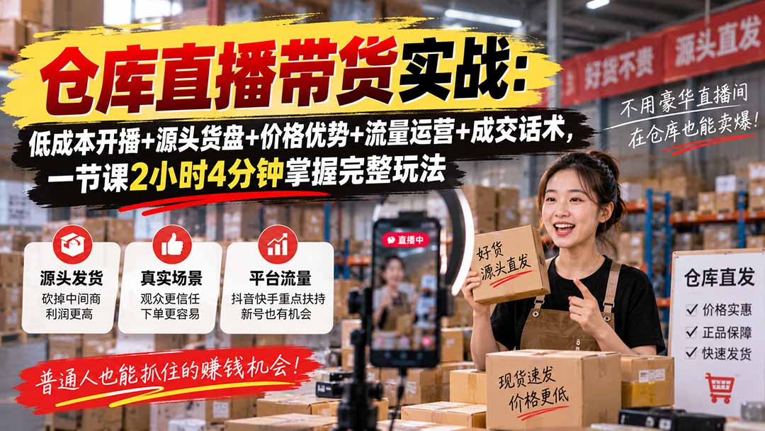 （20471期）仓库直播带货实战：低成本开播+源头货盘+价格优势+流量运营+成交话术，一节课2小时4分钟掌握完整玩法网创吧-网创项目资源站-副业项目-创业项目-搞钱项目网创吧