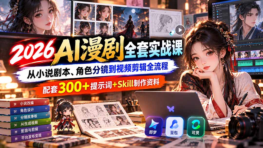 (20629期)【无水印】2026AI漫剧全套实战课:从小说剧本、角色分镜到视频剪辑全流程,配套300+提示词+Skill制作资料网创吧-网创项目资源站-副业项目-创业项目-搞钱项目网创吧