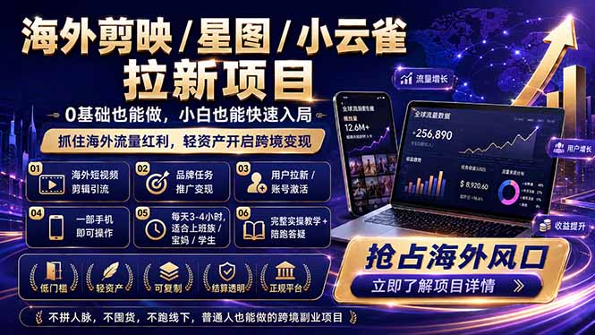 （18567期）海外剪映 / 星图 / 小云雀拉新项目 普通人也能上手的跨境流量变现副业网创吧-网创项目资源站-副业项目-创业项目-搞钱项目网创吧