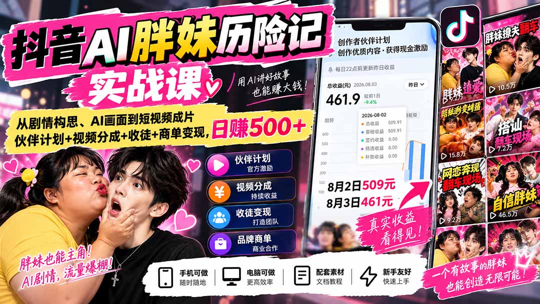 （20489期）抖音AI胖妹历险记实战课：从剧情构思、AI画面到短视频成片，伙伴计划+视频分成+收徒+商单变现，日赚500+网创吧-网创项目资源站-副业项目-创业项目-搞钱项目网创吧