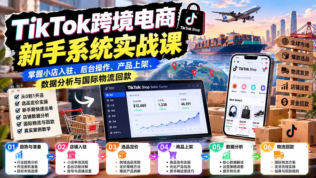 （20672期）TikTok跨境电商新手系统实战课：掌握小店入驻、后台操作、产品上架、数据分析与国际物流回款网创吧-网创项目资源站-副业项目-创业项目-搞钱项目网创吧