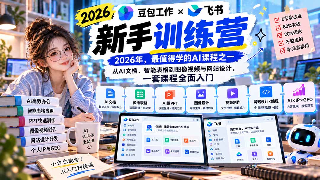 (20645期)2026豆包工作+飞书新手训练营-9月新课:从AI文档、智能表格到图像视频与网站设计,一套课程全面入门网创吧-网创项目资源站-副业项目-创业项目-搞钱项目网创吧