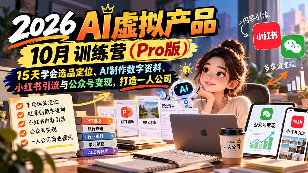 （21054期）2026AI虚拟产品10月训练营（Pro版）：15天学会选品定位、AI制作数字资料、小红书引流与公众号变现，打造一人公司-网创项目资源站-副业项目_创业项目_搞钱项目_网创项目资源平台