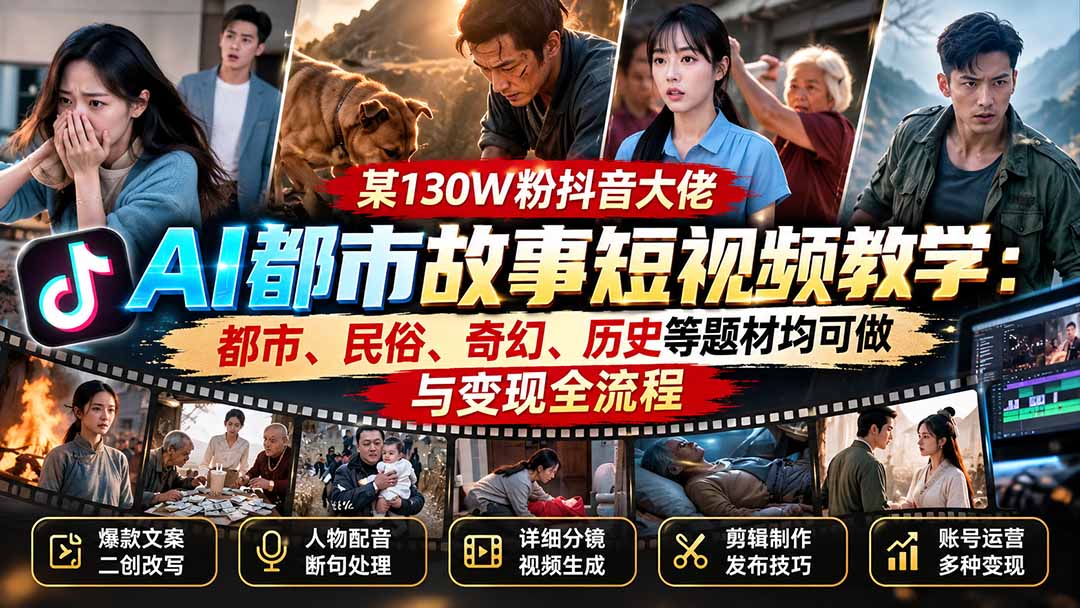 (20692期)某130W粉抖音大佬AI都市故事短视频教学:都市、民俗、奇幻、历史等题材均可做与变现全流程网创库-网创项目资源站-副业项目-创业项目-搞钱项目网创吧