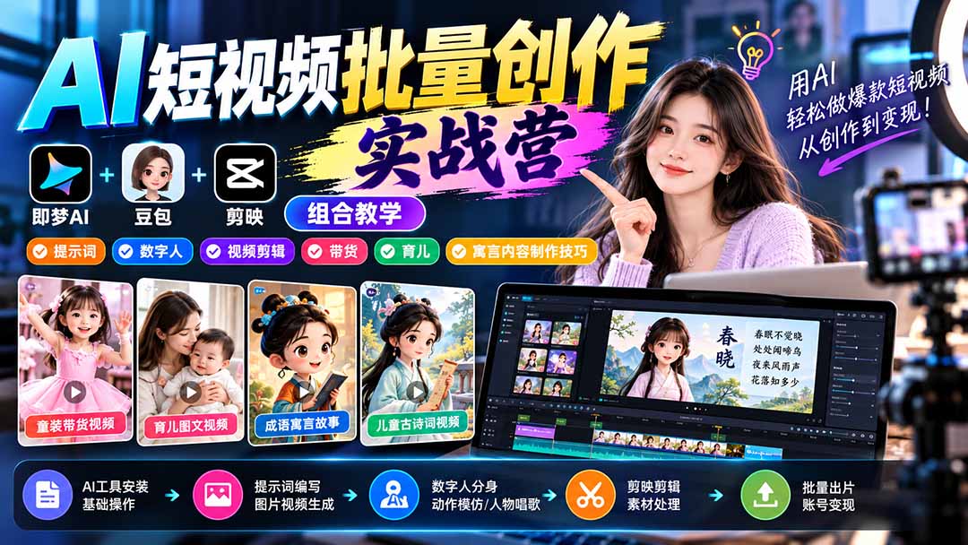 (21039期)【无水印】AI短视频批量创作实战营:即梦+豆包+剪映组合教学,提示词/数字人/视频剪辑/带货/育儿/寓言内容制作技巧-网创项目资源站-副业项目_创业项目_搞钱项目_网创项目资源平台