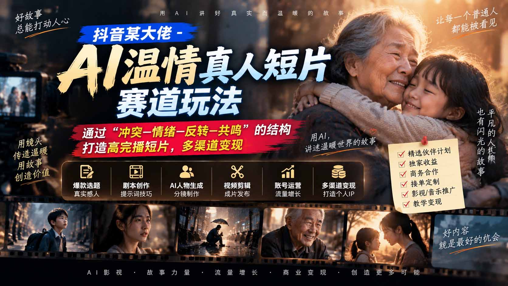 （20539期）抖音某大佬-AI温情真人短片赛道玩法：通过“冲突—情绪—反转—共鸣”的结构打造高完播短片，多渠道变现网创吧-网创项目资源站-副业项目-创业项目-搞钱项目网创吧