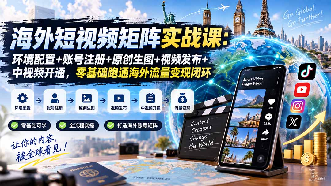 （20470期）海外短视频矩阵实战课：环境配置+账号注册+原创生图+视频发布+中视频开通，零基础跑通海外流量变现闭环网创吧-网创项目资源站-副业项目-创业项目-搞钱项目网创吧