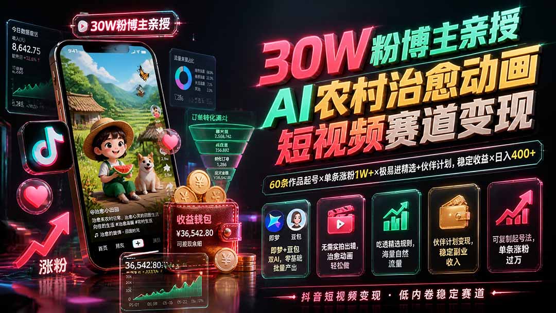 （19648期）30W粉博主亲授AI农村治愈动画短视频赛道变现：60条作品起号×单条涨粉1W+×极易进精选+伙伴计划，稳定收益×日入400+网创吧-网创项目资源站-副业项目-创业项目-搞钱项目网创吧