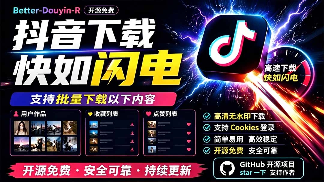 （19445期）别再乱找了！D音下载快如闪电，支持批量下载用户作品收藏列表和点赞列表，开源免费 Better-douyin-R网创吧-网创项目资源站-副业项目-创业项目-搞钱项目网创吧