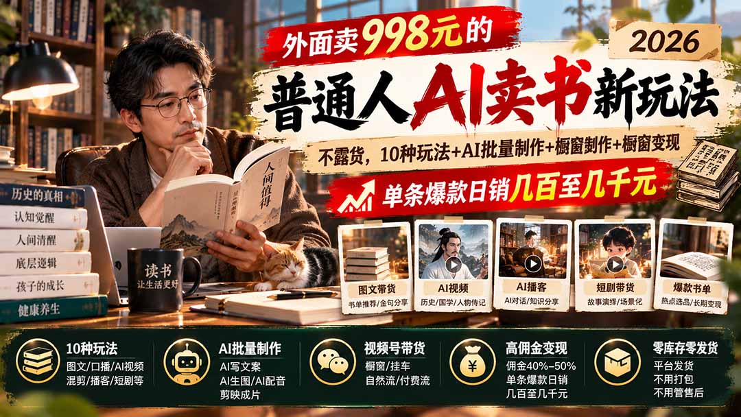 (20958期)外面卖998元的2026普通人AI卖书新玩法-更新完结:不露脸+不囤货,10种玩法+AI批量制作+橱窗变现 单条爆款日销几千元-网创项目资源站-副业项目_创业项目_搞钱项目_网创项目资源平台