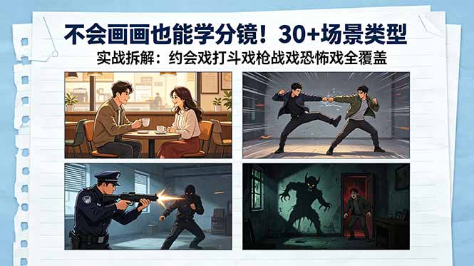 (18591期)不会画画也能学分镜!30+场景类型实战拆解:约会戏打斗戏枪战戏恐怖戏全覆盖
