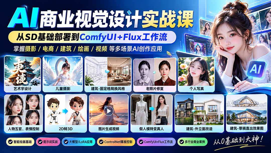 (20824期)【无水印】AI商业视觉设计实战课:从SD基础部署到ComfyUI+Flux工作流,掌握摄影电商建筑AI创作网创库-网创项目资源站-副业项目-创业项目-搞钱项目网创吧