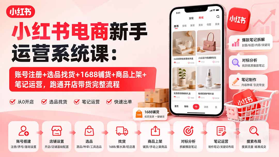 （20219期）小红书电商新手运营系统课：账号注册+选品找货+1688铺货+商品上架+笔记运营，跑通开店带货完整流程网创吧-网创项目资源站-副业项目-创业项目-搞钱项目网创吧