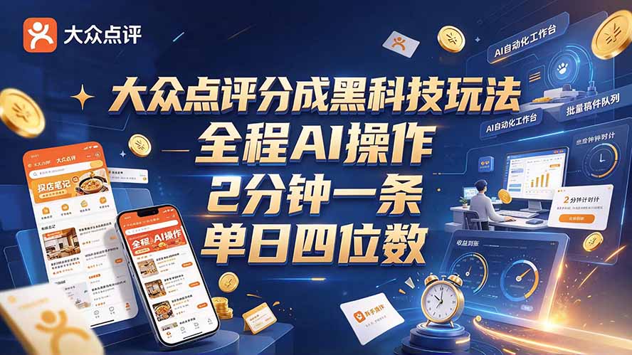 （21013期）大众点评分成全网独家玩法，AI 全自动出内容，2 分钟一条，小白可冲单日四位数-网创项目资源站-副业项目_创业项目_搞钱项目_网创项目资源平台