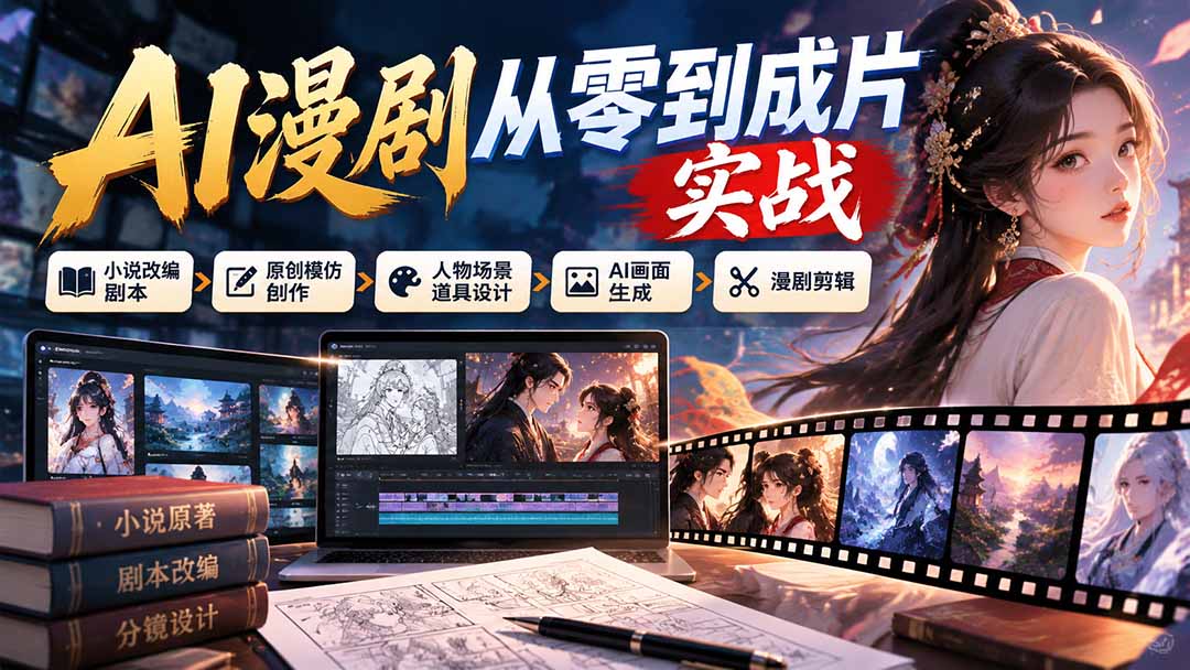 (21069期)AI漫剧从零到成片实战:小说改编剧本、原创模仿创作、人物场景道具设计、AI画面生成与漫剧剪辑-网创项目资源站-副业项目_创业项目_搞钱项目_网创项目资源平台