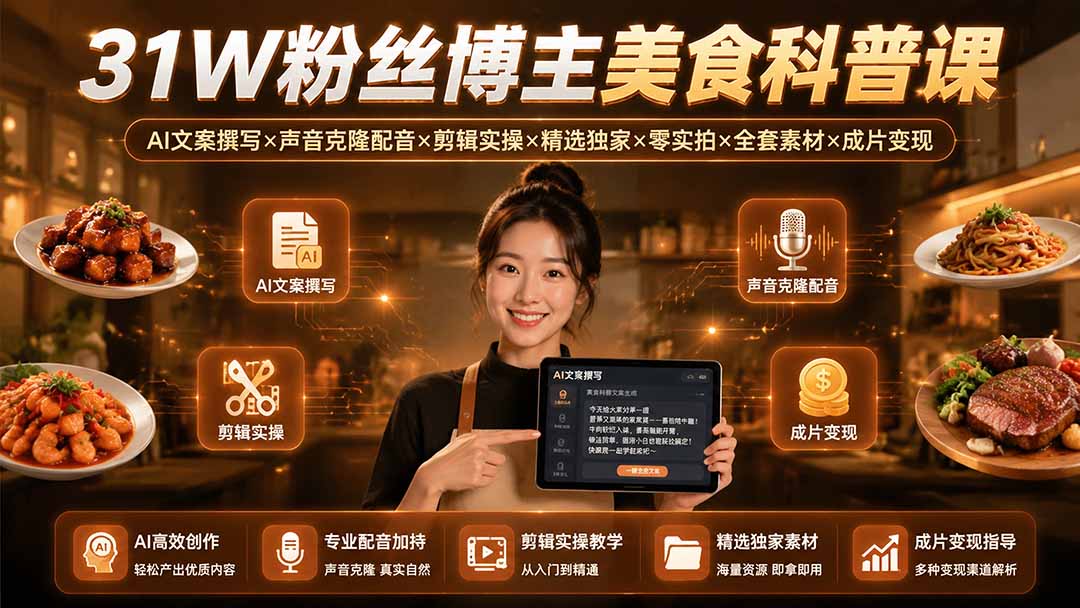 (19558期)31W粉丝博主美食科普课:AI文案撰写×声音克隆配音×剪辑实操×精选独家×零实拍×全套素材×成片变现